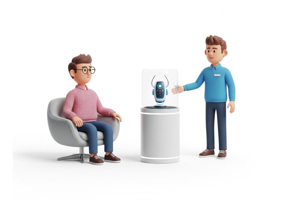 Two people with privacy-focused robot device